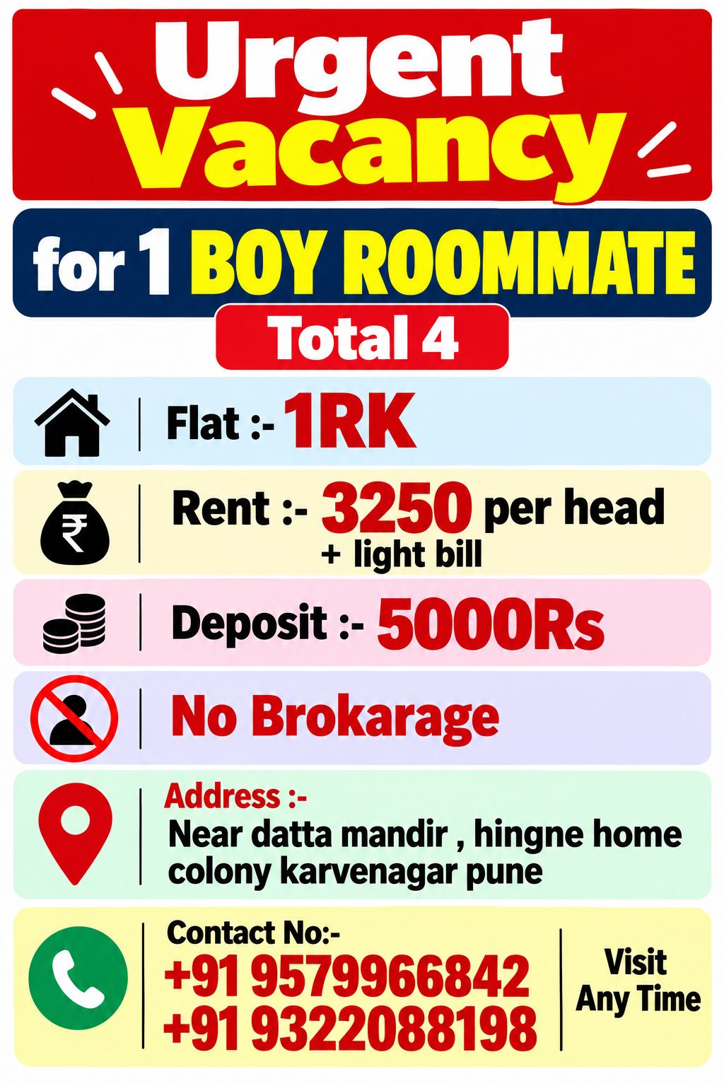 1RK room listing in Karve Nagar, Pune