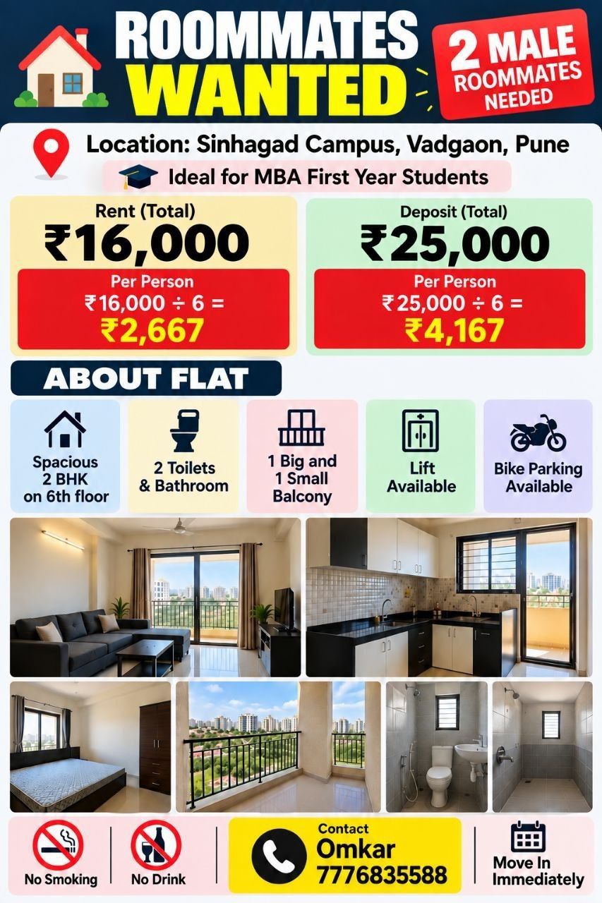 2BHK room requirement in Vadgaon Budruk, Pune